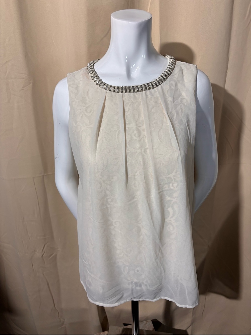 EUC Vintage B.Young Beaded-Neck Ivory Sleeveless Blouse
